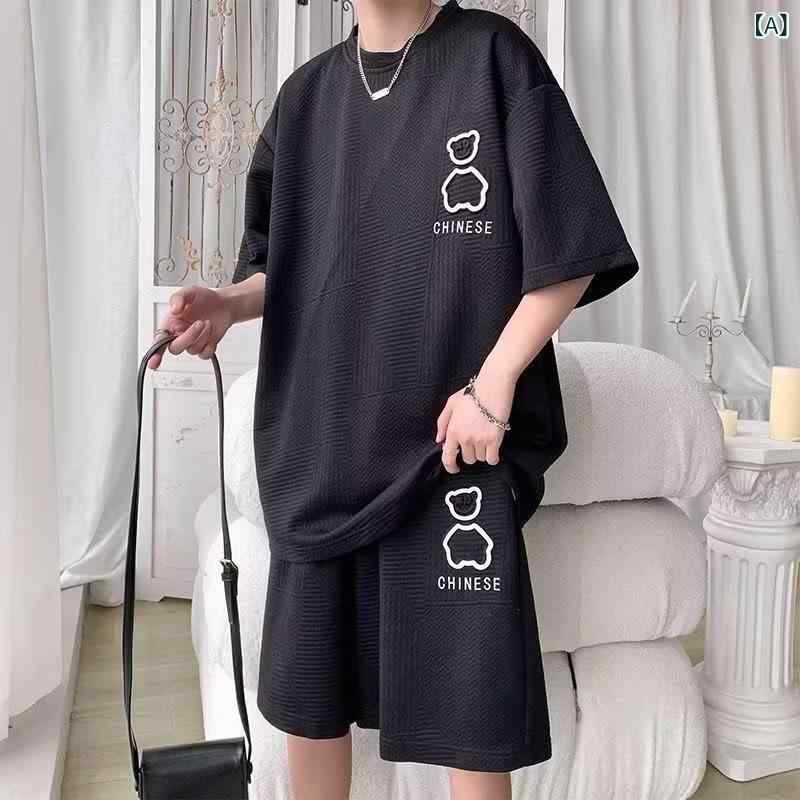 メンズ セットアップ スポーツウェア 夏用 短袖 Tシャツ ショートパンツ 黒 聚?繊維 混紡 軽量 吸湿速乾 通気性 旅行 普段使い カジュアル トレンド シンプル スタイリッシュ ビッグシルエット 伸縮性 クールタッチ