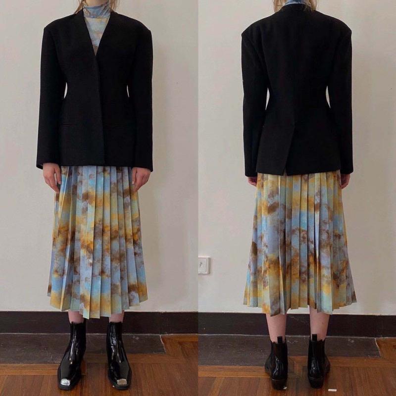 スカート 女性用 半身スカート 百褶スカート ロング丈 プリント柄 かわいい 甘め 清新 デザイナー 気質 韓国風 ポリエステル 再生繊維 軽量 春夏 ピクチャーカラー 通勤 普段使い