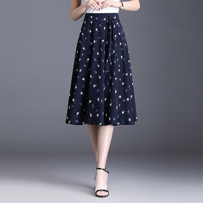 半身スカート 女性用 夏 通勤 かわいい 花柄 Aライン 中長丈 フレア 腰紐付き 切り替え 涼しい ポリエステル 微弾性 軽量 ハイウエスト スタイルアップ 花色 気品 普段使い