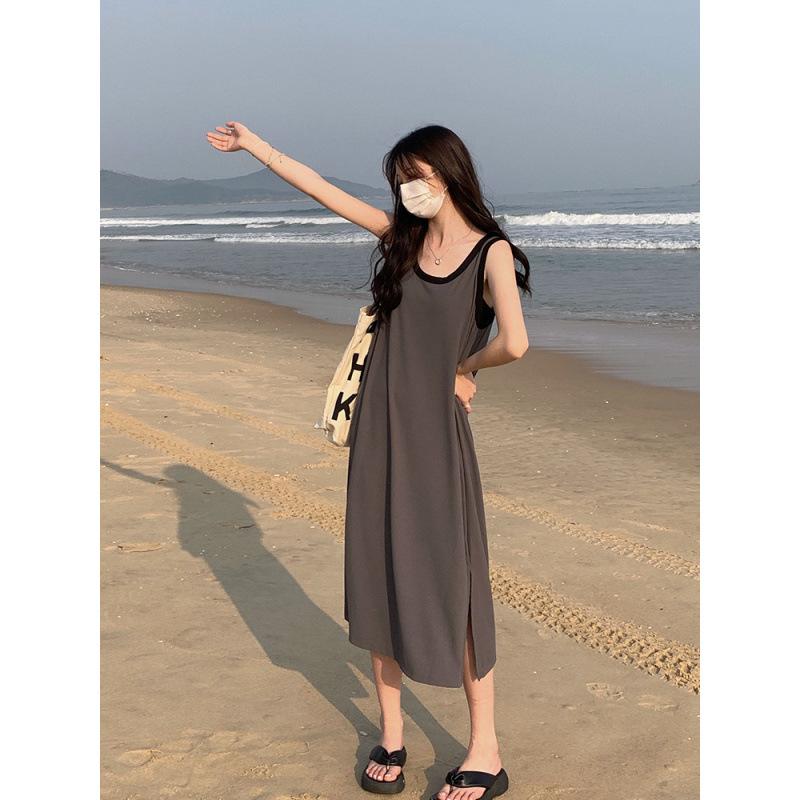 ワンピース 女性用 夏 韓国風 かわいい セクシー ワイドシルエット デザイン性 コーディネートしやすい ロングドレス Aライン ラウンドネック ノースリーブ ゆったり腰回り コントラストカラー ポリエステル ポリエステル95以上 ノーアイロン加工 ゆっ
