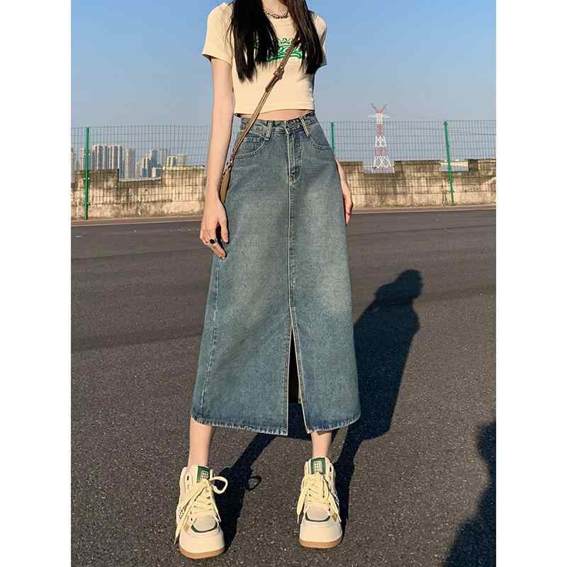 スカート 女性用 ハイウエスト デニム Aライン 中長丈 包臀 開き 梨形対応 スリム 夏 春夏 気質 通勤風 普段使い 軽量 伸縮性 牛仔布 ポケット ヴィンテージカラー 快適 休?