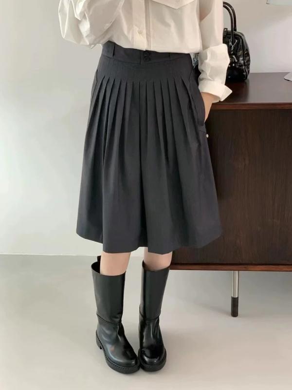 スカート 女性用 秋冬 韓国風 復古 高腰 スリム 気質 百搭 小プリーツ 中長 半身裙 深灰 ウール ポリエステル マイクロストレッチ 傘型 ジッパー プレス加工 純色 日韓カジュアル 普段使い 軽量 切り替えデザイン