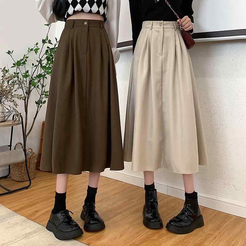 スカート 女性用 秋冬 通勤 ハイウエスト Aライン 中長丈 半身スカート 切り替え 気質 エレガント スタイル ポリエステル 再生繊維 微弾力 杏色 コーヒー色 ブラック ネイビー 軽量 伸縮性 普段使い オフィス コーディネート