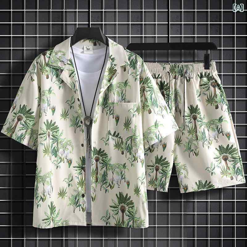 メンズ 夏 レジャー セットアップ 短袖 花柄 シャツ 短パン 薄手 ポリエステル 混紡 涼しい ビーチ バケーション ハワイアン スタイル カジュアル 旅行 普段使い 軽量 吸湿速乾 爽やか トップス ボトムス 組み合わせ ストリート ファッション 2