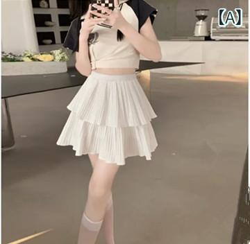 レディース スカート 半身スカート 甘め 気質 ダブルレイヤー ケーキスカート 蓬蓬スカート 高腰 短スカート プリーツスカート フリル 荷葉辺 切り替え 防走光 ポリエステル 微弾性 珍珠白 鋼琴黒 春季 通勤風 気質通勤 軽量 伸縮性