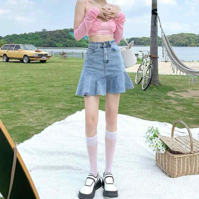 スカート レディース 牛仔 Aライン 短丈 魚尾 包み込み フレア 半身 ミディ 女性用 綿素材 微弾力 軽量 伸縮性 春夏 浅青 ブラックグレー ブラック かわいい 学院風 清新 スウィート 普段使い 通勤 デート ハイウエスト ビッグシルエット スリ