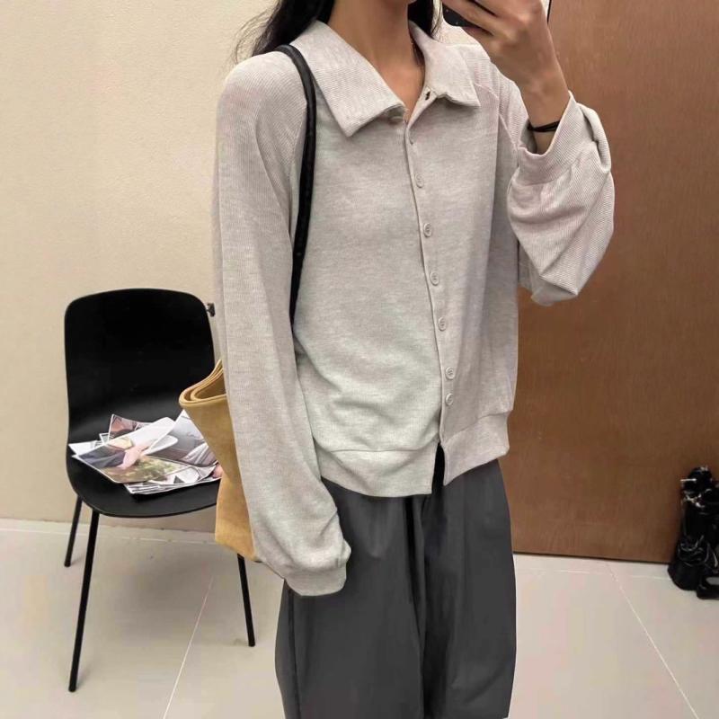 レディース 開衫 外套 春夏 黒 グレー ベージュ 長袖 ポリエステル混紡 薄手 ルーズフィット 短丈 ポロカラー 単排ボタン 日韓カジュアル ゆったり 普段使い 軽量 吸湿速乾 ビッグシルエット 伸縮性
