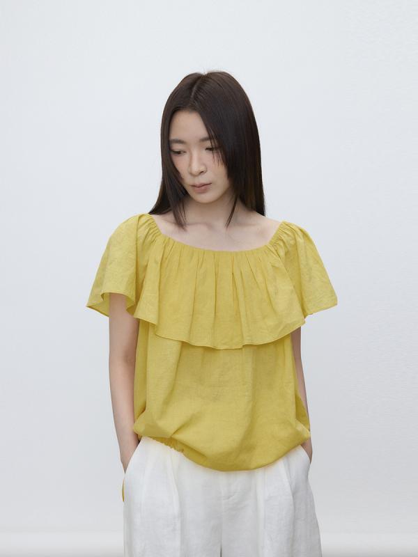 女性用 トップス ボートネック 麻混 綿 接触冷感 短袖 露肩 デザイン ゆったり フィット 軽量 通気性 良い 普段使い 夏向け 白 黄色 緑 紫 カラー 選択 可 韓国風 カジュアル スタイル シャツ