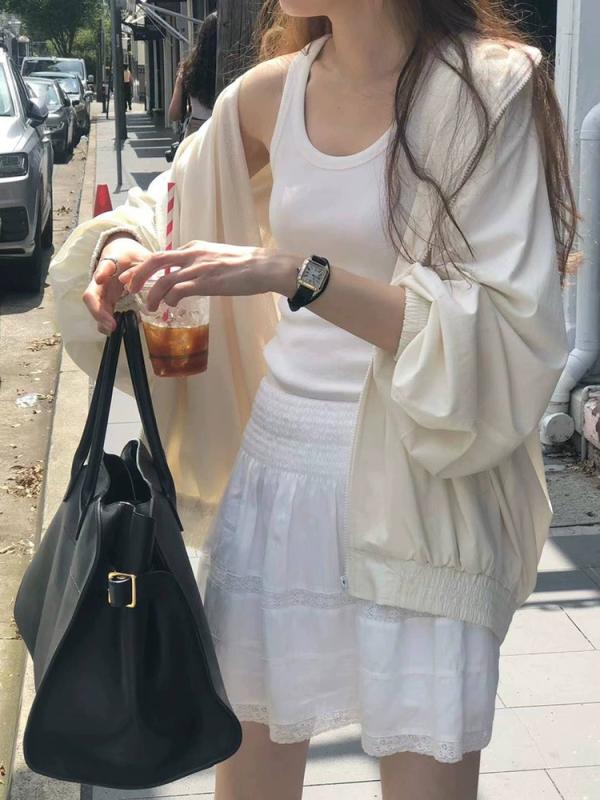 春季 レディース コート 軽薄 連帽 ジッパー ゆったり デザイン 単色 百搭 トップス 粘膠繊維 薄手 長袖 スタンドカラー 春夏 日韓カジュアル ミルクホワイト ブラック ミディアム丈
