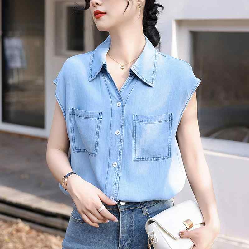 ノースリーブシャツ 女性用 夏 軽量 綿 牛仔 切り替え 無袖 トップス 通勤 普段使い 韓国風 ワイドシルエット スタンドカラー シングルブレスト ライトブルー ダークブルー 吸湿速乾 ゆったり 爽やか