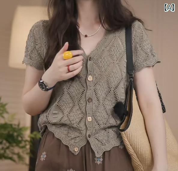 ニットカーディガン 女性用 夏 春夏 薄手 接触冷感 ポリエステル 粘膠繊維 切り替え レース 刺繍 透け感 Vネック 三分袖 ワイドシルエット 気質 通勤 普段使い オリーブグリーン 杏色 かわいい 軽量 吸湿速乾 単品セット