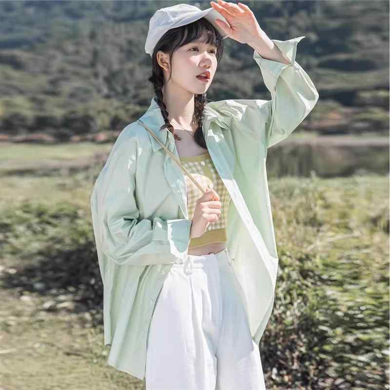 長袖シャツ レディース 夏 開襟 薄手 防紫外線 ポロカラ ゆったり 韓国風 日常使い トップス 綿ポリエステル 接触冷感 軽量 吸湿速乾 緑 ブルー ホワイト ピンク系 中長丈 ボタン 単排扣 ゆったりシルエット 日常コーデ