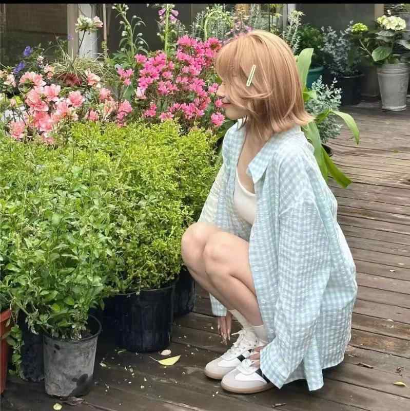 女性 長袖シャツ ポロ襟 ブルーグリーン グリーン系 ピンク 格子柄 ゆったりシルエット 夏 春夏 接触冷感 薄手 伸縮性 吸湿速乾 防晒 ボタン カジュアル 私服 通勤用 普段使い 軽量 上品