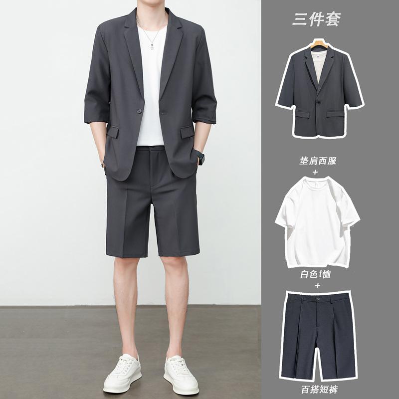 メンズ 夏 セットアップ 上衣 さる股引き 韓国風 トップス 短袖 背広 薄っぺら ポリエステル混紡 平襟 一名取り草 ルーズフィット 黒いこと 赤銅色 薄墨色 カーキ 日常使い走り 軽さ 通い 定休日表現スタイル 吸湿速乾 うつり変わり目論む