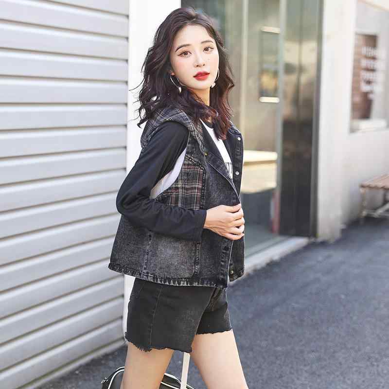 ノースリーブ ジャケット 女性用 春夏 デニム 素材 ポリエステル 無袖 直筒型 連帽 チェック柄 切り替え ビッグシルエット ゆったり 大きいサイズ 通勤用 普段使い 都市スタイル 気質 快適 軽量 吸湿速乾