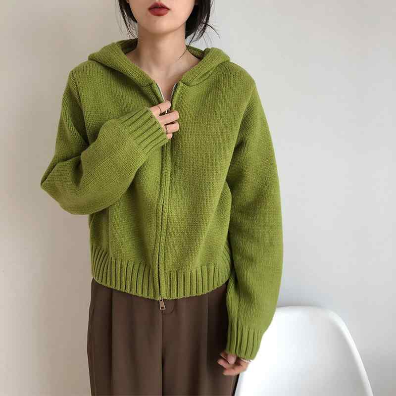 カーディガン 女性用 秋冬 連帽 ニット 開衫 ジッパー 長袖 トップス コート 広幅 ゆったり シルエット 柔らかい 風合い 韓系 甘め スタイル 清新 単色 ポリエステル 混紡 アクネロン 繊維 普通丈 グレー ホワイト カーキ グリーン パープル