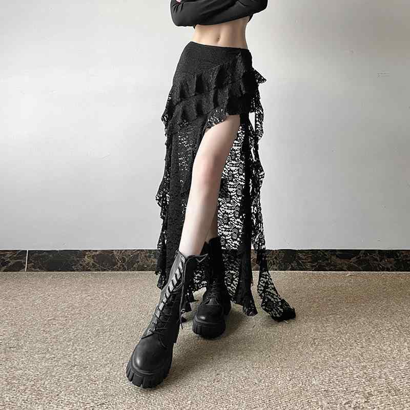 半身裙 女性用 秋季 ロング 包臀スカート 黒 レース 波浪 プリーツ 切り替え デザイン ポリエステル スパンデックス 混紡 微弾性 伸縮性 街頭 スタイル セクシー トレンド 普段使い 通勤用 軽量 快適 フィット シルエット