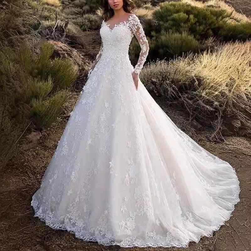 ドレス 女性用 結婚式 イブニングドレス レース ロングドレス 超大スカート Vネック 長袖 中腰 ポリエステル 赤 黒 白 気質 通勤 都市スタイル かわいい 清楚