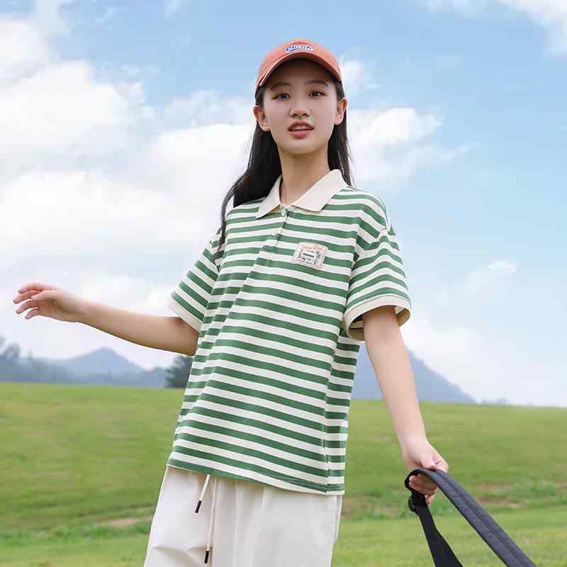 Tシャツ トップス 短袖 2点セット 少女 女の子 大きめサイズ 夏 春夏 綿 切り替え ポロカラ ルーズフィット ストライプ 緑 白 米色 学院風 清新 かわいい カジュアル 普段使い 軽量 通学 休日