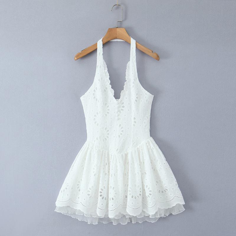 ワンピース レディース ハングネック 無袖 短丈 セクシー レース 刺繍 ボディコン 春夏 接触冷感 ポリエステル ストリート かわいい ピュア スタイル 女性用 タイト フィット 花柄 デザイン 軽量 吸湿速乾 トレンド ファッション 日常使い