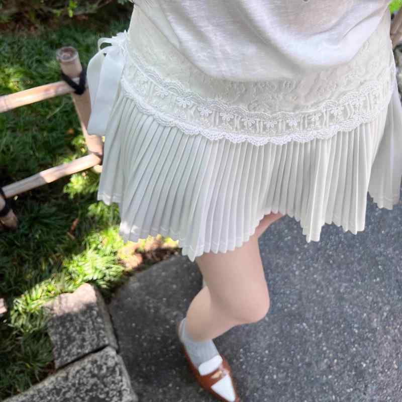 スカート 女性用 春夏 純色 百褶 短丈 半身裙 蕾? 切り替え 系? 防走光 マイクロストレッチ ポリエステル 白 かわいい 韓国風 カジュアル レイヤード レイスアップ ファッション
