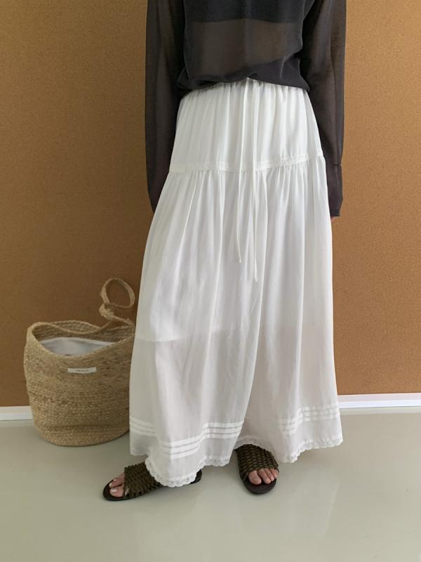スカート 女性用 春夏 Aライン 中長丈 半身 ハイウエスト レース 切り替え 接触冷感 天竺 麻混 無弾性 軽量 通勤 普段使い カジュアル ブラック ホワイト