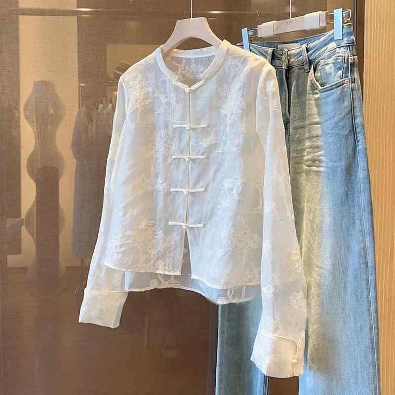 刺繍 チャイナスタイル トップス 女性用 長袖 開襟 盤扣 デザイン ポリエステル 混紡 動物柄 刺繍加工 ゆったりシルエット ルーズフィット 丸首 シャツスリーブ 普通丈 春夏 快適 軽量 日常使い ゆったりカジュアル 東洋風 禅意 国風 薄手 シミュ