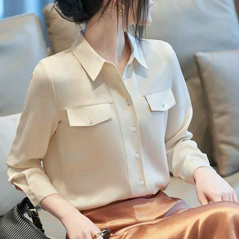 シャツ 女性用 春夏 長袖 ポロ 襟 メッシュ 素材 切り替え デザイン ポケット 付き トップス 米茶色 肉色 ピンク シルバー グレー 白 ブラック カジュアル スタイル 軽量 通勤 普段使い かわいい 甘め フレンチ 風