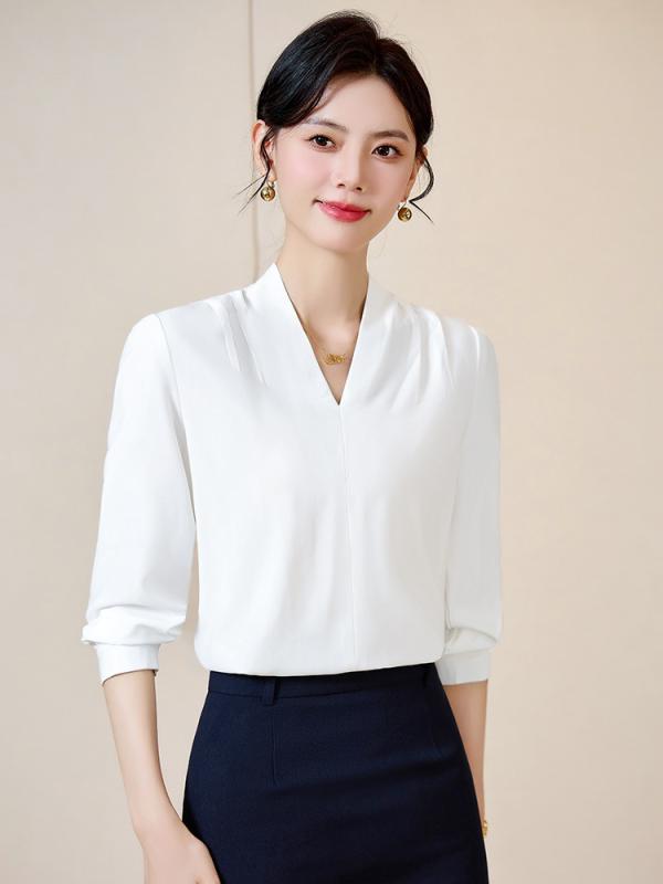 白 長袖 シャツ 女性 通勤 気質 ファッション Vネック サテン 職場 雪? ドレープ トップス 修身 普通丈 シャツカラー ボタン 単排多扣 セットインスリーブ ポリエステル スパンデックス 無地 セットアップ 気質 エレガント 通勤風 軽量 伸縮性