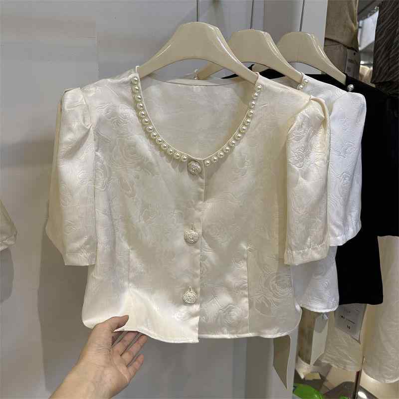 レディース シャツ トップス 短袖 泡泡袖 刺繍 ビーズ 装飾 短丈 丸首 3D プリント 切り替え デザイン ポリエステル 再生繊維 混紡 接触冷感 吸湿速乾 伸縮性 軽量 通勤用 普段使い 都市風 気質 優雅 杏色 ホワイト ブラック 春夏 秋 ウィ