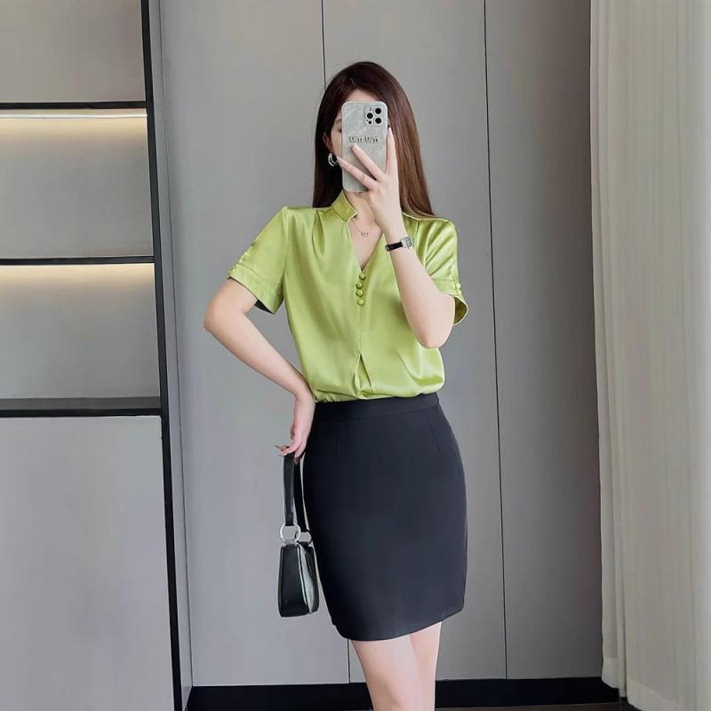 Vネック 短袖 シャツ レディース セット グリーン 白色 ブラック スカート 通勤服 都市風 接触冷感 再生繊維 セットアップ 職業服 軽量 吸湿速乾 フレンチスタイル 気質 上品 トップス 包臀 ハイウエスト 女性用 夏 春夏 アクティブウェア カジ