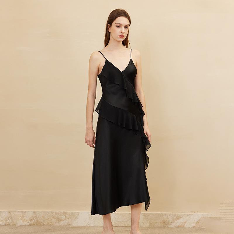 ワンピース 女性用 黒 真? 桑蚕? 100% 吊? Vネック 無袖 A字 スカート 荷叶? 切り替え 長款 気質 通勤 ?雅 スタイル 単品 純色 春季 シルク ワンピースドレス 夏用 軽やか 素材 シルクドレス ブラック ロングドレス 女性服 春夏