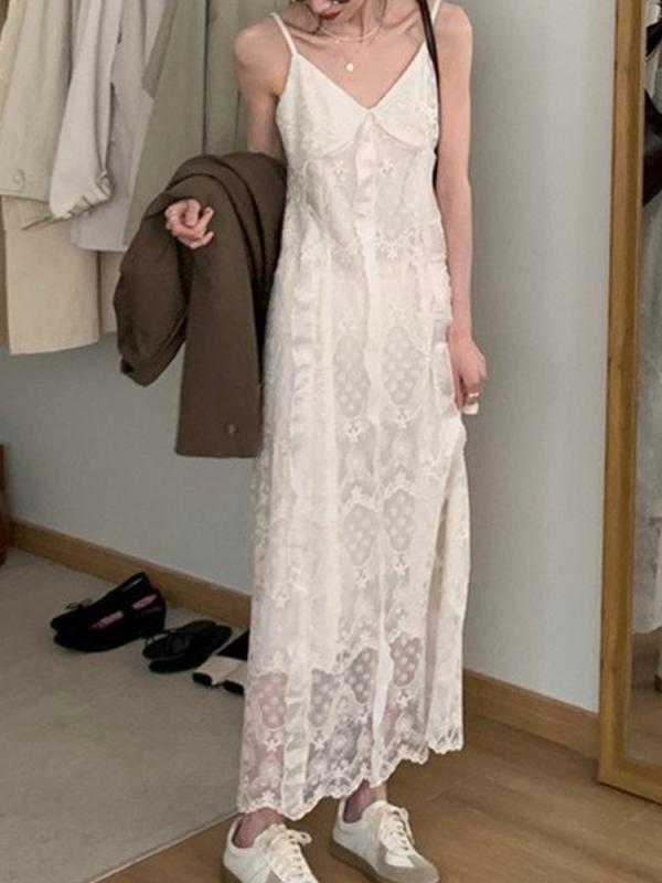 ワンピース レディース 夏 吊り紐 ミディ丈 Aライン 高腰 フレアヘム レース 切り替え 修身 スリム 白 ポリエステル混 涼しい 日韓風 休?