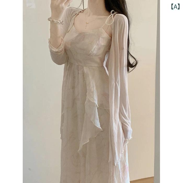 ワンピース 吊帯 スカート 女性用 Aライン 中長丈 高腰 木耳縁 フリル 雪? 印花 柄 白 夏 甘め 優しい スタイル 軽やか 涼しい 通勤 デイリー デート