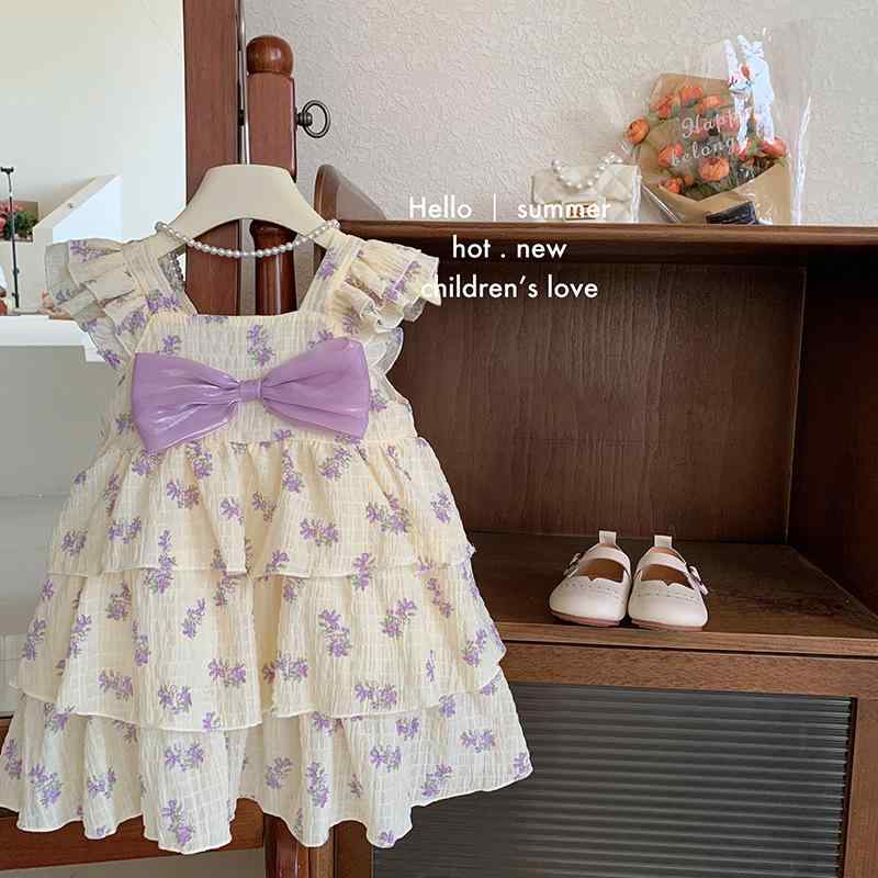 女の子 ワンピース 吊り帯 スカート 碎花 柄 夏 シーズン かわいい A ライン スカート 無袖 コットン 混紡 生地 綿 混紡 素材 花柄 プリント 女児 ドレス 子供 服 ピンク 紫 3 8 歳 100 140cm 対応 プリンセス スタイル 洋気