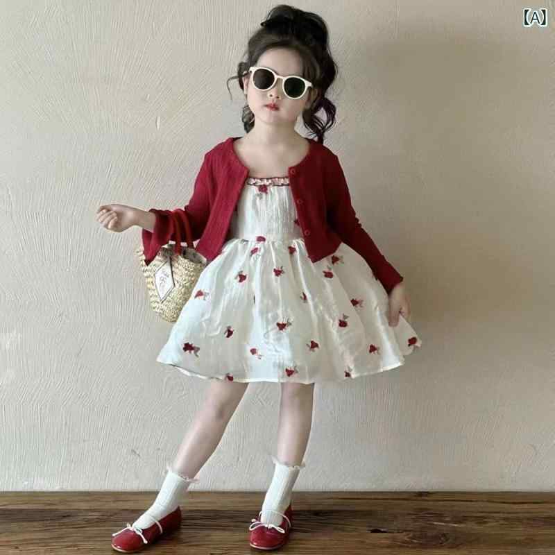 女の子 ワンピース 吊帯 スカート 連衣 スカート セット プリンセス スカート 花柄 赤 柔軟 素材 ポリエステル 繊維 春夏 春秋 韓国風 スタイル 女児 中小童 3-8歳 90-140cm 適合