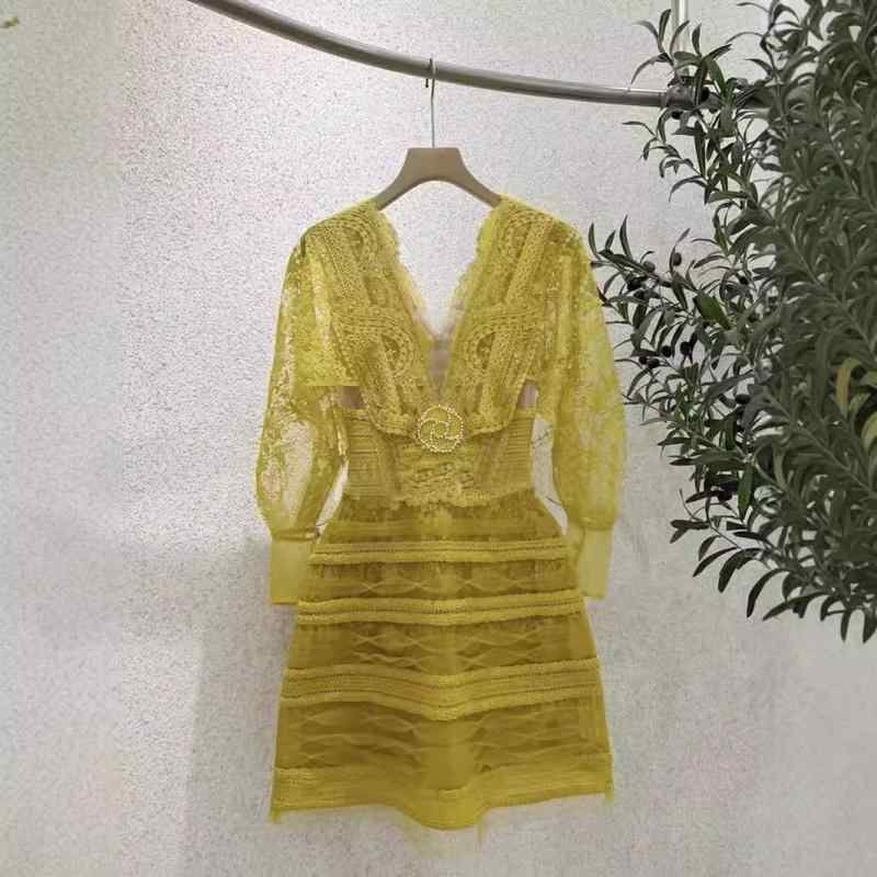ワンピース レディース レース刺繍 仙女風 ネット生地 透け感 清新 短め Aライン Vネック 長袖 高腰 3D立体柄 ポリエステル素材 黄色 ピンク 気質 私服 名媛風 純欲スタイル 気質優雅 単品 クロスボーダー ファッション 女性用 ドレス イエロ