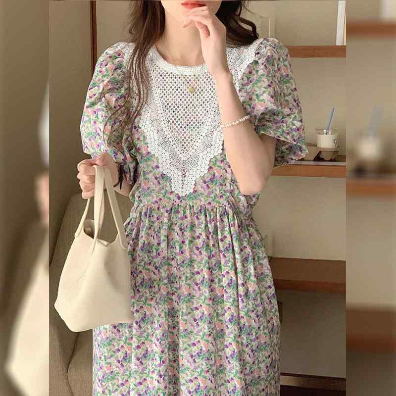 ワンピース 女性用 春夏 フレンチスタイル 小花柄 Aライン ハイウエスト ロング かわいい 仙女風 収腰 スリム 短袖 丸首 通勤 日常使い 軽量 柔らかい 生地 クラシック レトロ ガーリー フェミニン ロマンティック フラワープリント ウエストマー