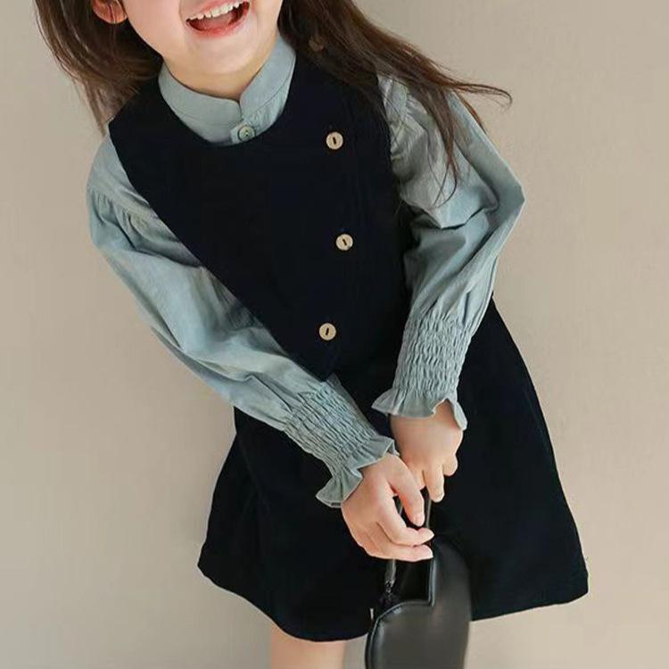 女の子 トップス コットン 灯芯? ベスト 英倫 シャツ セット 3点 セット 長袖 純色 柔らかい 普通厚 春秋 オールシーズン 3-8歳 100-140cm ボタン コットン 81-90% 単排扣 90-140cm かわいい 日常使い 学校用 柔軟素
