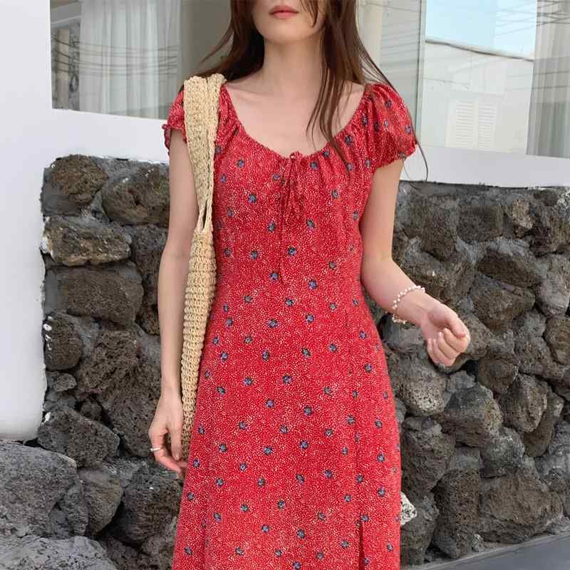 ワンピース レディース 夏 春夏 花柄 フレンチカラー 紐 裾 スリット Aライン 高腰 短袖 Uネック 気質 通勤 赤 黒 ピンク かわいい 軽量 修身 フラワー プリント 木耳縁 ロングスカート ビッグシルエット