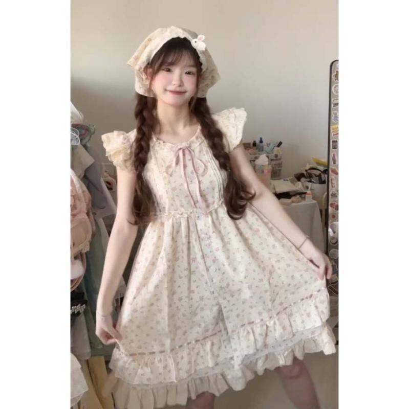 ワンピース レディース スカート 短め かわいい 少女風 学院風 フラワー柄 Aライン 中丈 丸首 短袖 ミドルウエスト 切り替え ?? ポリエステル 95%以上 甘め 清新 夏 2025 シーズン 女の子 普段使い デート 爽やか 軽やか 花柄 プリン