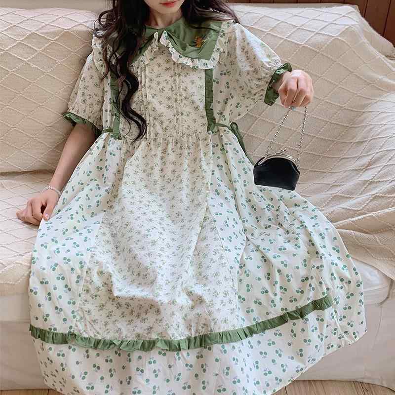 ワンピース レディース 緑 ピンク 碎花 プリント コットン リネン 生地 Aライン スカート ドルフィン ネック 長袖 ゆったり ウエスト ポケット 付き セットアップ なし 単品 夏 森ガール スタイル ガーリー かわいい 田園 風 中丈 スカート