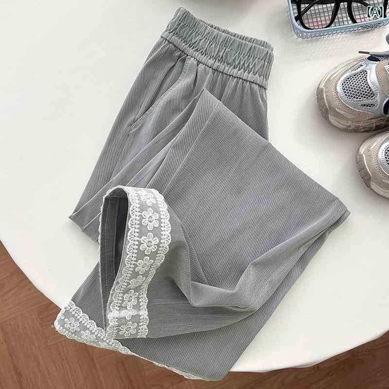 パンツ 女性用 牛仔 ワイドレッグ 高腰 九分丈 直筒 春夏 レース 花辺 切り替え 天? レイヨン繊維 ポリエステル グレー ・柑其 ブルー 中弾 快適 軽量 ストレッチ デニム 普段使い スタイル 日系 韓国風