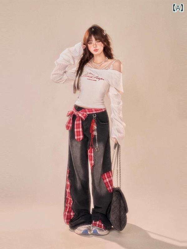 ワイドパンツ 女性用 コットン デニム 直筒 低腰 黒 春秋 格子 補丁 デザイン 切り替え ポケット 街頭スタイル ヨーロッパ風 ミックスファイバー 中厚 ゆったり ロング丈 普段使い 通勤 軽量 ストレッチなし カジュアル ファッション アイテム