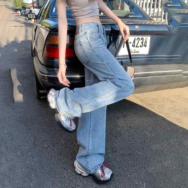 レディース デニムパンツ 低腰 直筒 春夏 浅青 綿 微弾性 ワイドレッグ ロング丈 ポケット ミディアム厚 ゆったり スリム効果 私服 御姐風 復古 スパイシー 長身向け 軽量 通勤 普段使い アウトドア カジュアル