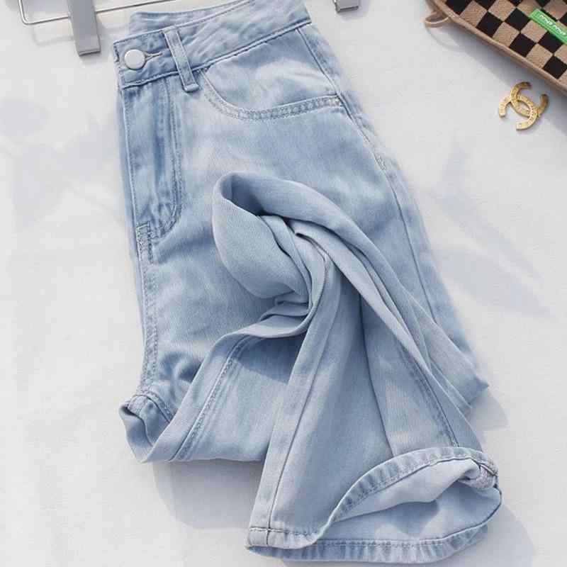レディース デニムパンツ 天竺 レイヨン95% ロング丈 ワイドレッグ 高腰 ミドルウエスト 薄手 ライトブルー 気質 通勤スタイル 基本款 垂れ感 夏 2024年 長ズボン 九分丈 加工 無弾性