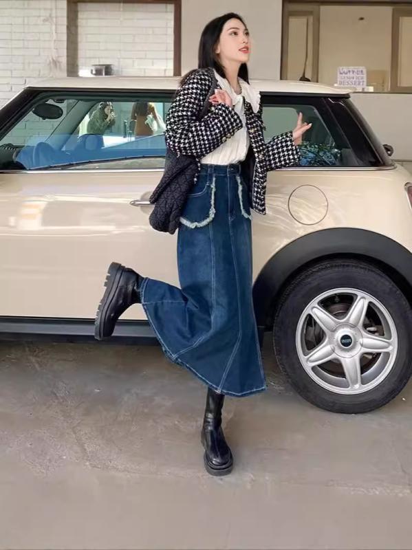 スカート 女性用 デニム 半身 ミディ丈 復古風 デザイン 切り替え ハイウエスト スリム フィッシュテール 春夏 ブルー コットン 混紡 無弾性 快適 休? スタイル ジッパー プルオン ミドル ロング ミッド レングス クラシック スリムフィット フ