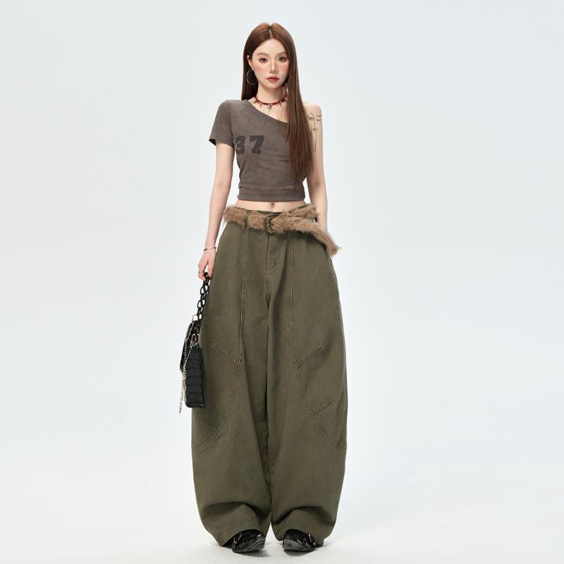 ワイドパンツ レディース 牛仔 デニム 高腰 ロングパンツ ストリート 潮流 風 ゆったり スタイル 軽量 綿素材 95% 以上 ストレッチ なし 水洗加工 快適 日常使い 通勤 コーデ 秋冬 ブラウン グリーン ミリタリー 風 ビッグシルエット スリム