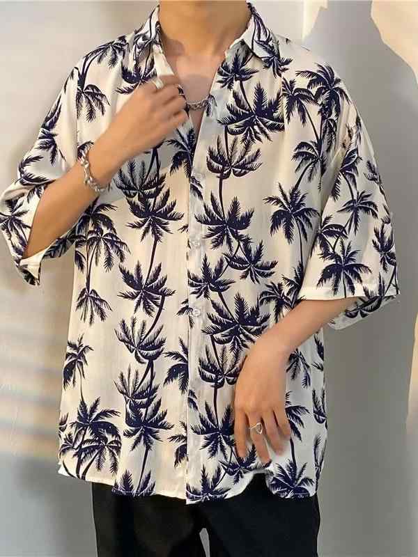 メンズ シャツ 花柄 ハワイアン ビーチ 夏 港風 痞? 短袖 タイスタイル ゆったり ストリート ヴィンテージ風 垂感 トップス 開襟 薄手 ポリエステル 混紡 免? 涼しい 白色 黒 黄色 休? 青少年