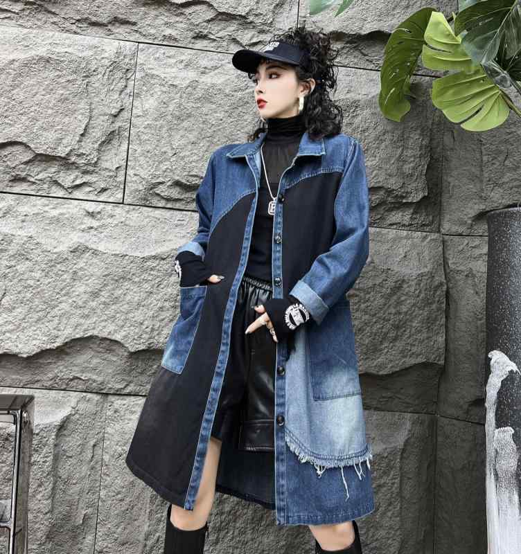レディース 厚地の外套 秋冬 牛仔風 風衣 厚地の外套 広々とした影ぼうし ゆったり ルーズフィット か細い成り行き 膝下 真っただ中丈 韓国表現スタイル 綿織物 ジーンズ 出どころ 天下太平色つや 並み並み厚 長袖 POLO色つや 広々とした ロング捩り ダブル前胸部 名取り草